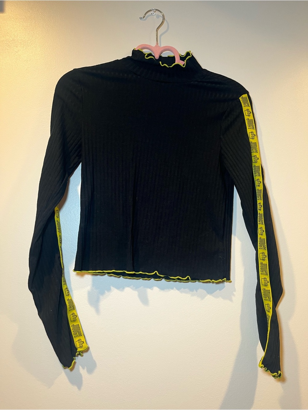 Juicy Couture Black Ribbed Long-Sleeve Top with Neon Yellow Trim